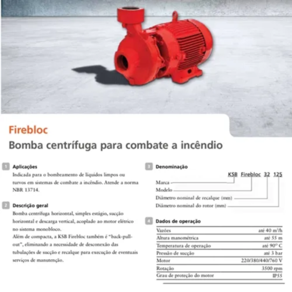 Bomba Centrifuga Para Incêndio Ksb Firebloc 32-125 4CV Trifásica 220/380/440V - Image 2